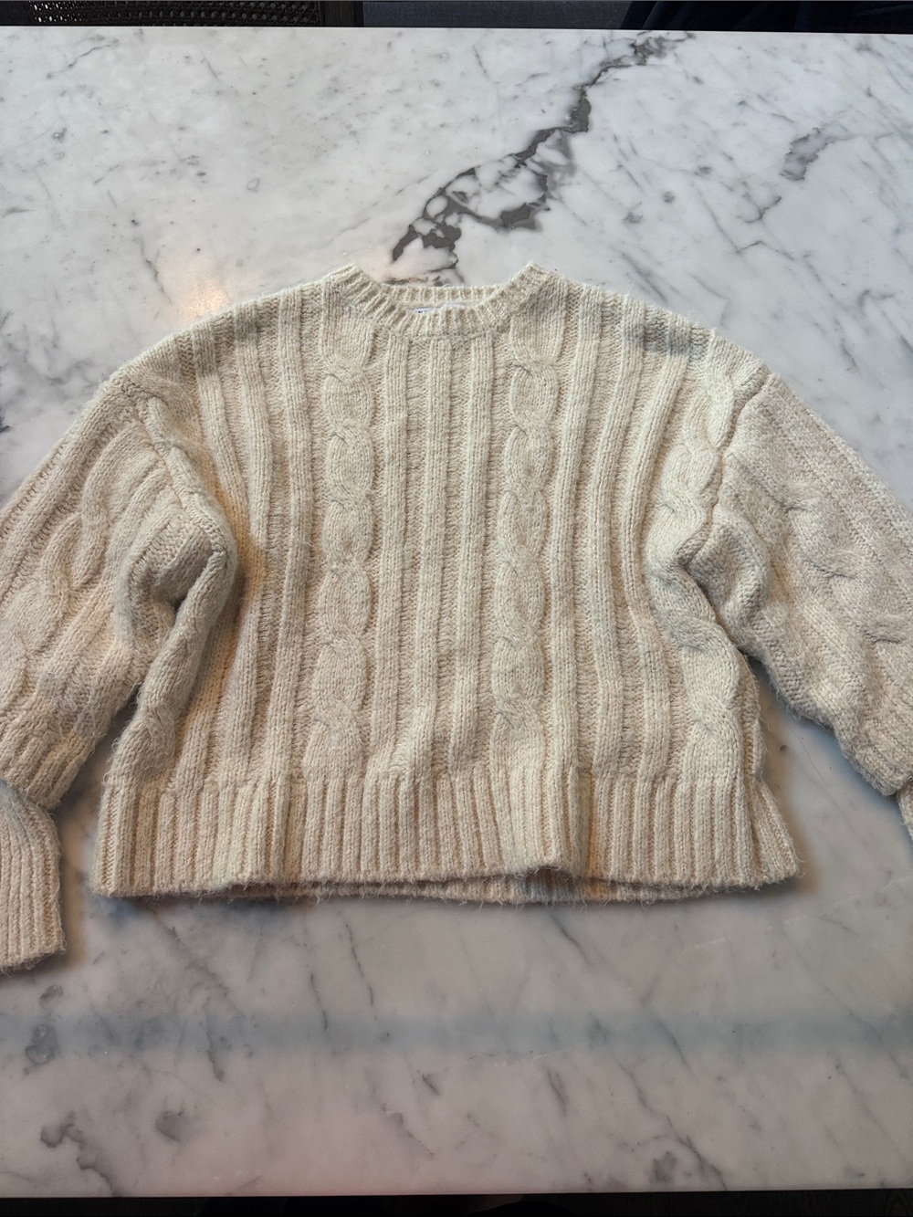 Zara Cream Cable-Knit Crewneck Sweater